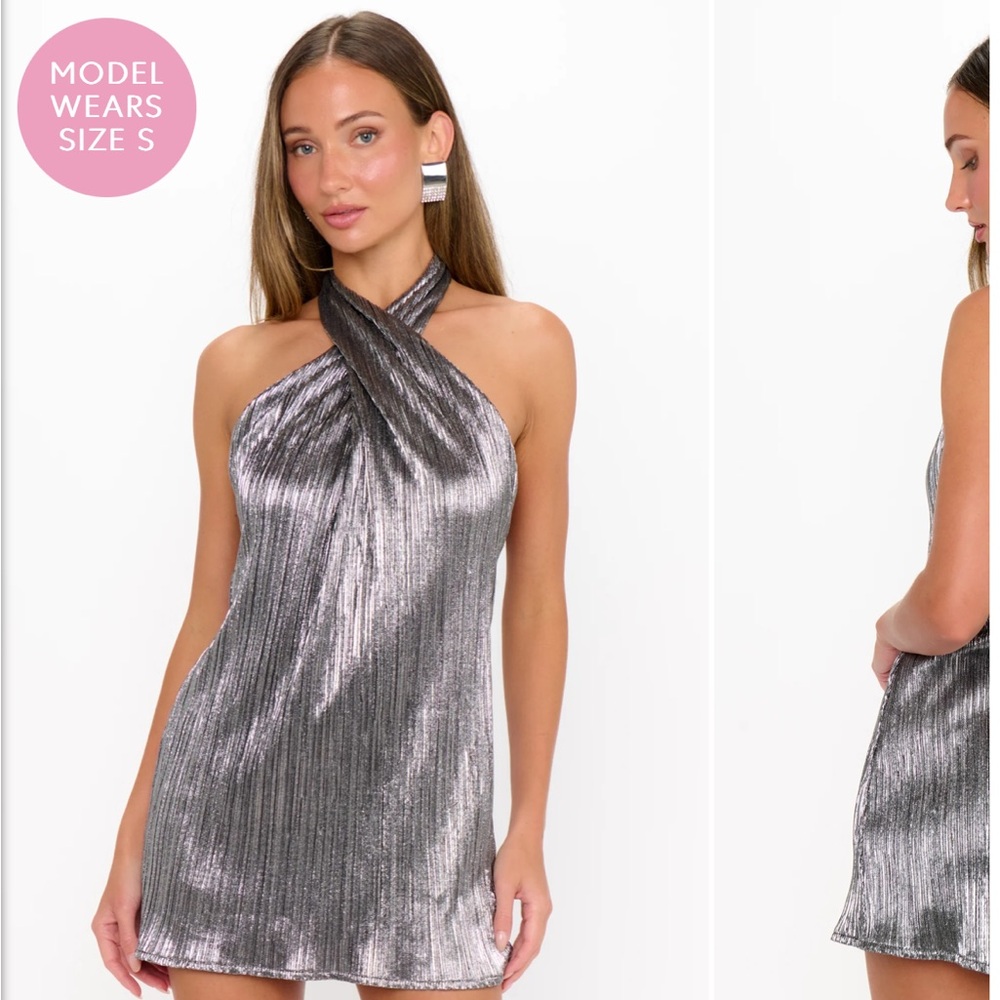 Show Me Your MuMu Silver Metallic Cross-Neck Mini Dress